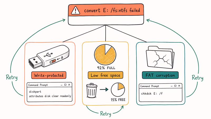 Troubleshooting chart for convert command failures and fixes.