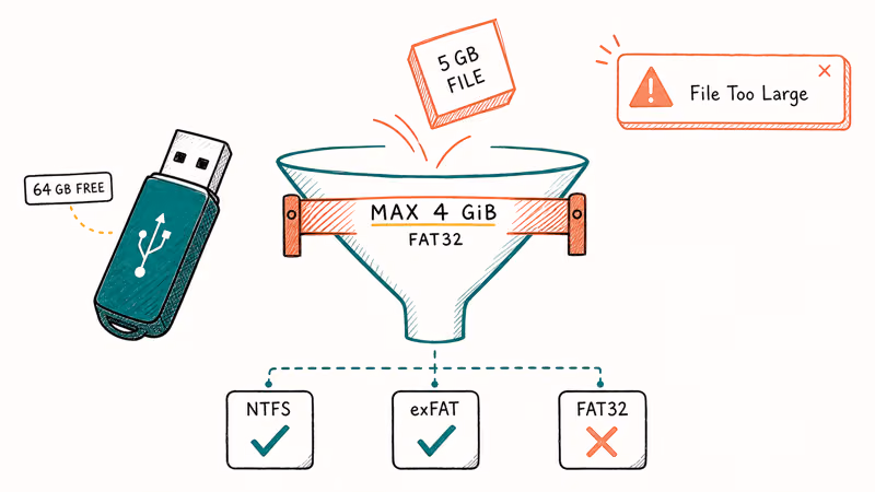 Diagram showing a large file blocked by the FAT32 cap.