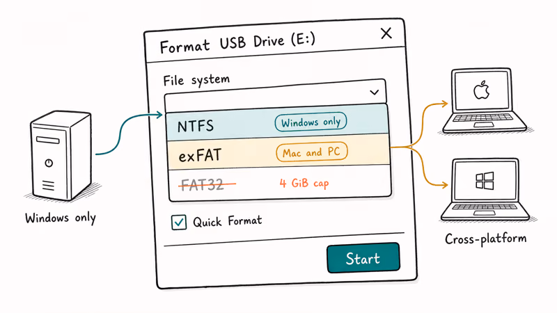 Hand-drawn Windows Format dialog comparing NTFS for Windows-only versus exFAT for cross-platform USB drive use.