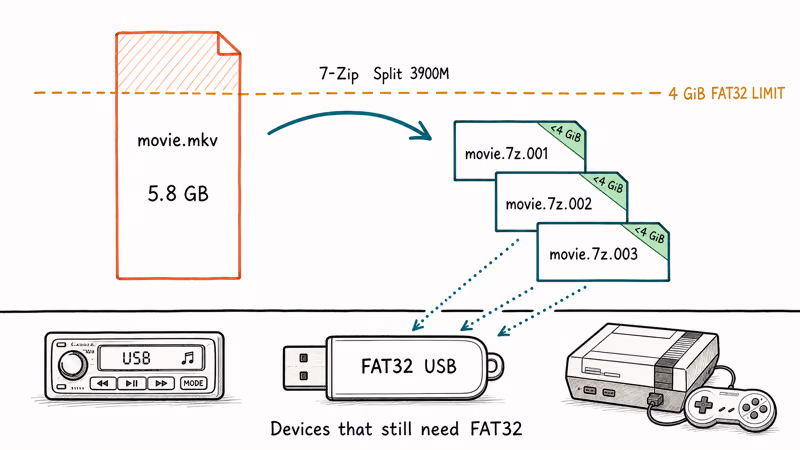 Diagram splitting a large file into smaller FAT32 transfer parts.