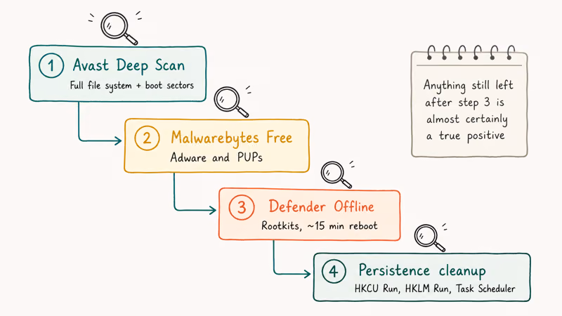 Layered four step removal stack covering Avast Deep Scan, Malwarebytes, Defender Offline, and persistence cleanup.