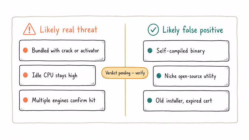 Comparison grid contrasting three real threat signals with three false positive signals for FileRepMalware detections.