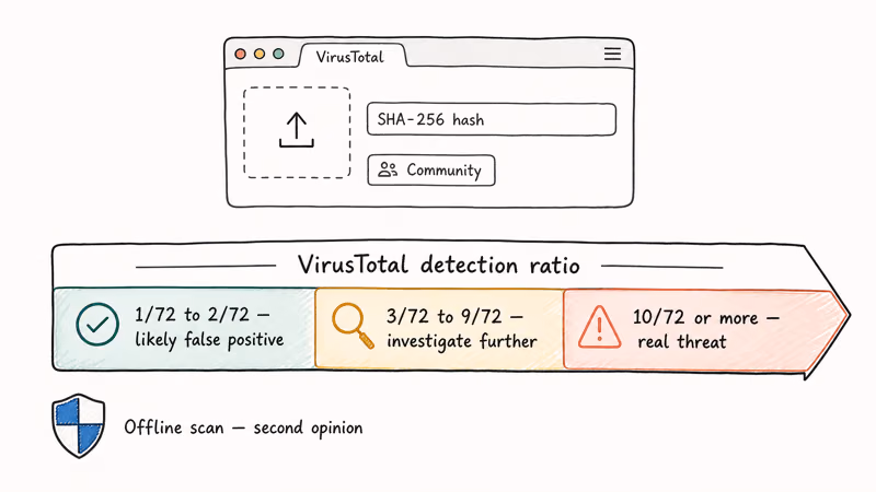 Flowchart showing VirusTotal verification process with detection ratio thresholds for false positives and real threats.
