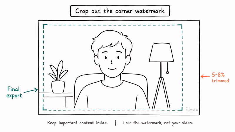 Video frame with dashed crop boundary excluding corner watermark and arrow showing trimmed edge area