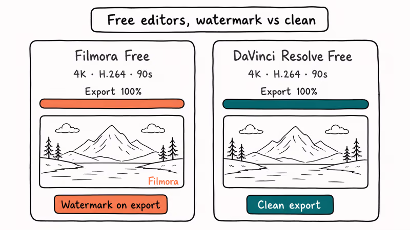 Two export panels comparing watermarked Filmora free output with clean DaVinci Resolve free output