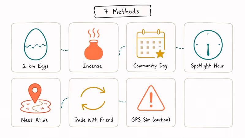 Hand-drawn grid of seven Charmander hunting methods including eggs incense community day nests and trades