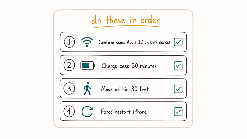 Vertical numbered checklist showing confirm Apple ID charge case move closer and restart iPhone fix order
