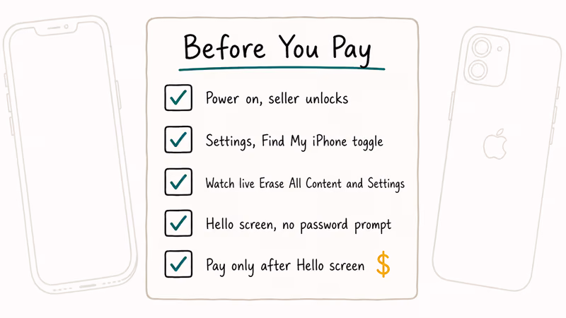 Hand-drawn buyer checklist with five pre-purchase verification steps for a used iPhone