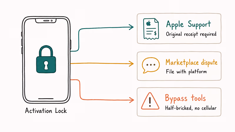 Locked iPhone with three branches showing Apple support, marketplace dispute, and bypass tool risks