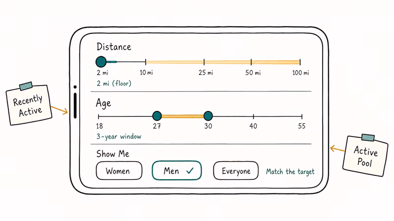Tinder filter dashboard showing distance age window and preferences.