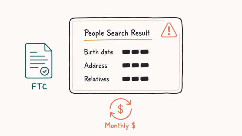 Warning illustration of paid people search subscription trap with hidden recurring charges