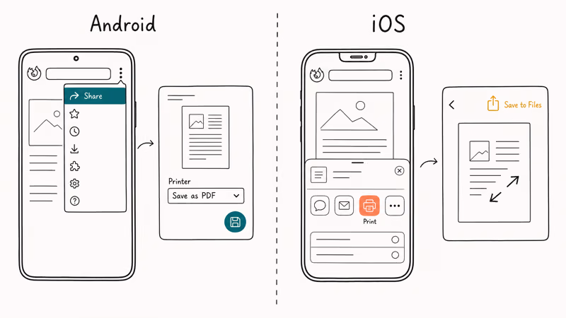 Mobile Firefox print flow from share sheet to saved PDF file