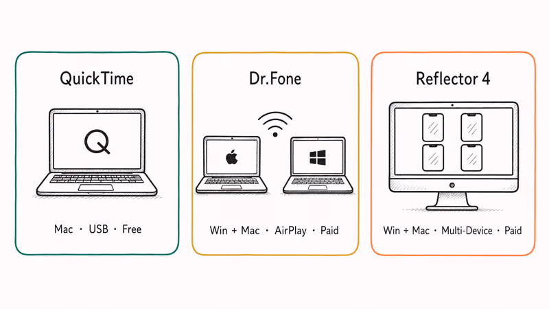Hand-drawn comparison of QuickTime, Dr.Fone, and Reflector as iPhone screen recorder alternatives