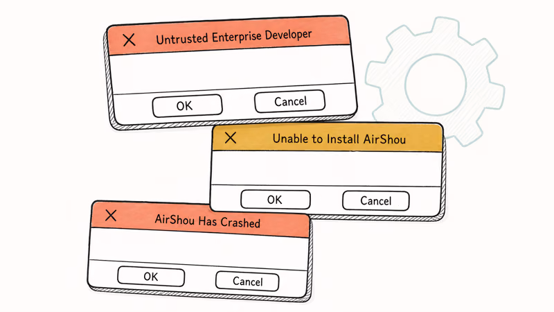 Hand-drawn stack of three iOS error dialogs that match common AirShou install failures