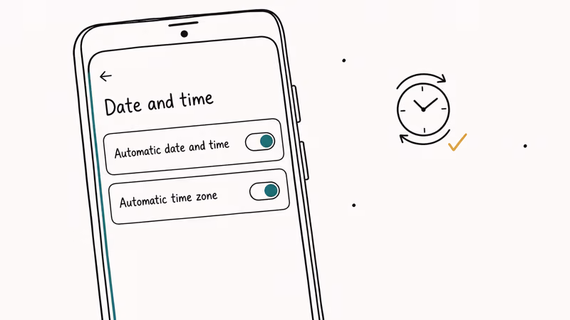 Hand-drawn Android phone showing date and time settings with automatic toggles switched on.