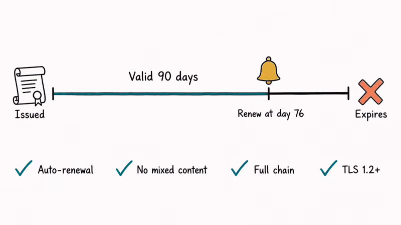 Certificate renewal timeline with reminder and server checks before expiry.