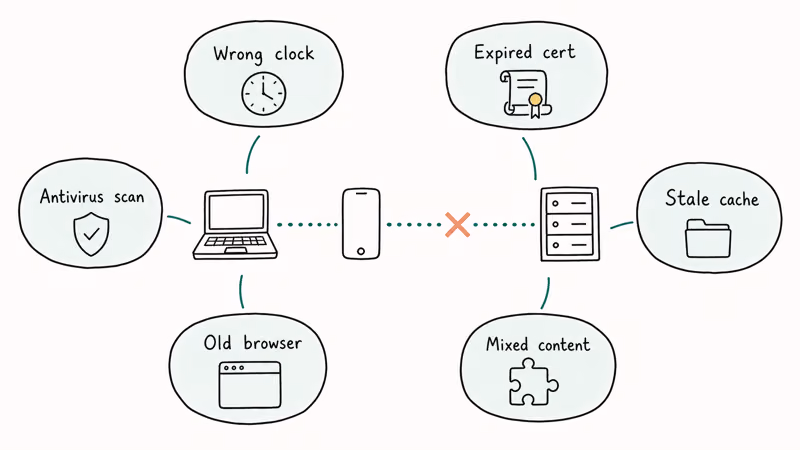 Hand-drawn diagram showing six common SSL error triggers around a broken browser server handshake.