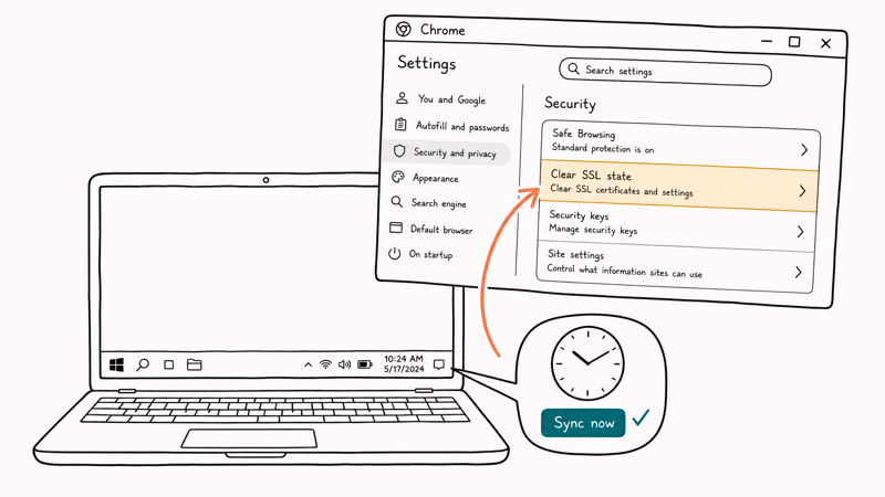 Hand-drawn Windows laptop showing taskbar clock sync and Chrome settings panel clearing SSL state.