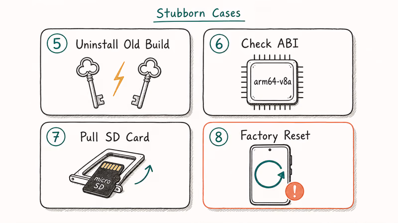 Advanced Android install fixes for signing ABI SD card and reset.