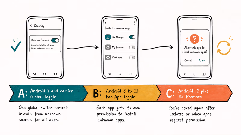 Android version timeline showing Unknown Sources permission changes across releases.