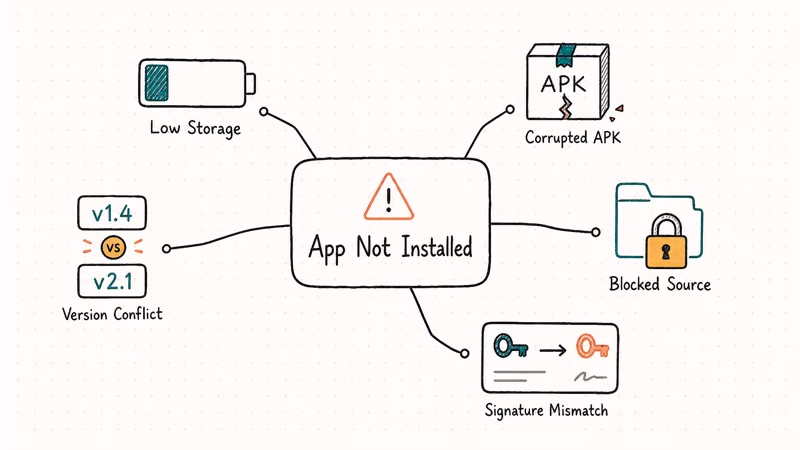 Five icons showing Android install errors from storage APK source signatures.
