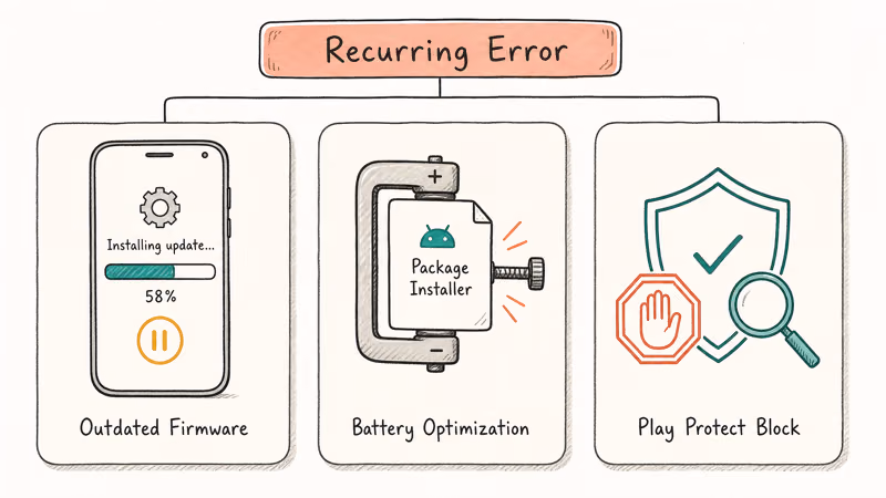 Recurring install error causes including firmware battery optimization and Play Protect.