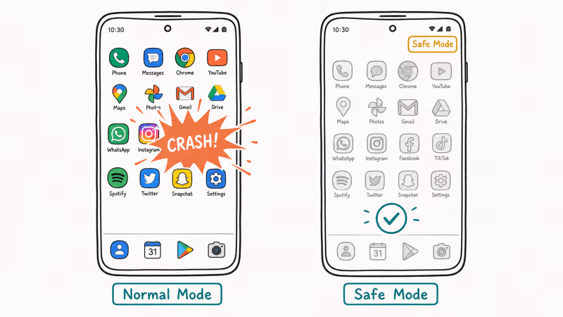 Android phone in normal mode versus Safe Mode isolating a third-party app crash