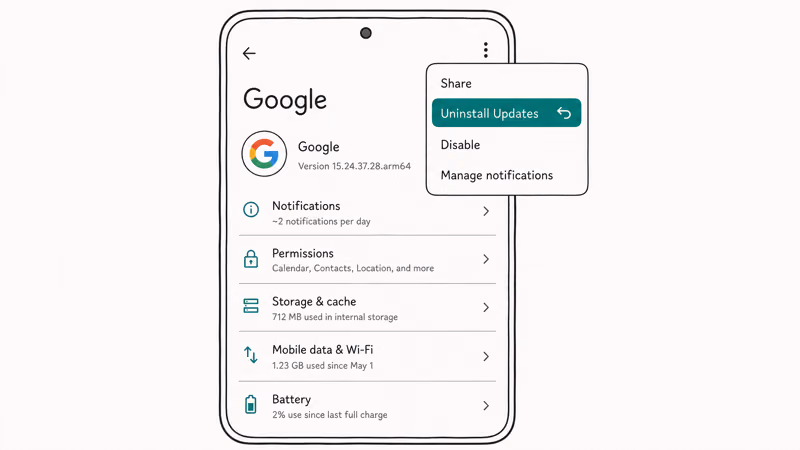 Android settings showing the Uninstall Updates option for the Google app