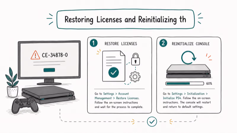 Hand-drawn illustration: Restoring Licenses and Reinitializing the Console