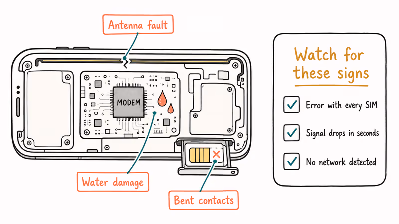 Phone cross-section showing SIM tray modem chip and antenna faults