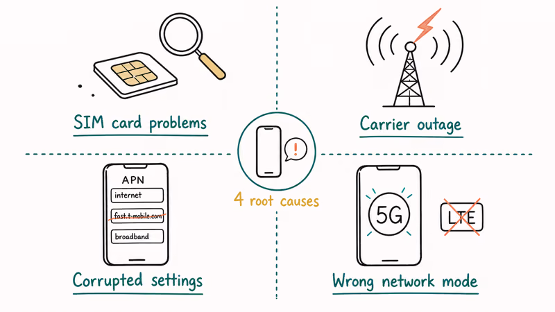 Four-quadrant diagram of cellular error causes covering SIM, carrier outage, corrupted settings, wrong network mode