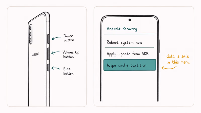 Samsung Galaxy phone showing three button combo and recovery menu with Wipe cache partition highlighted