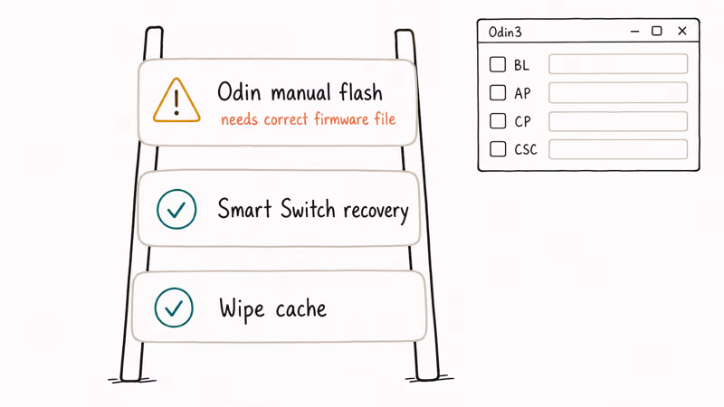 Risk ladder showing cache wipe and Smart Switch as low risk versus Odin manual flash high risk with