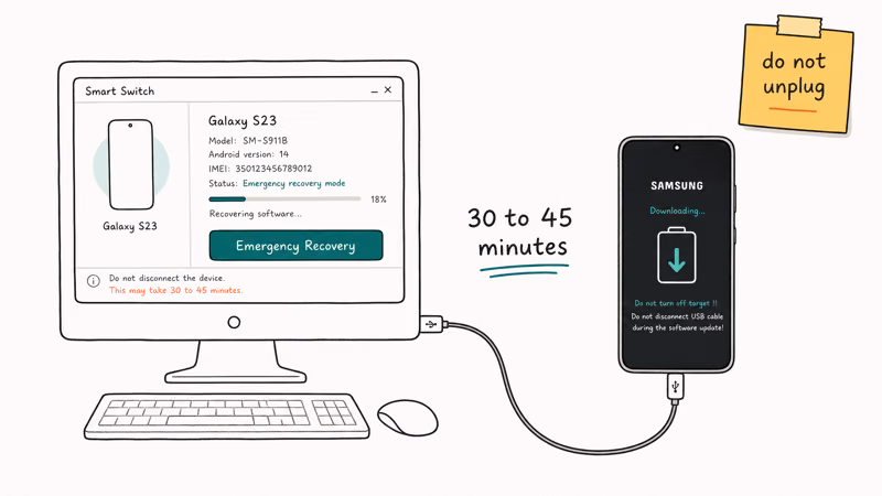 Desktop running Smart Switch Emergency Recovery connected by USB to Samsung Galaxy phone in download mode