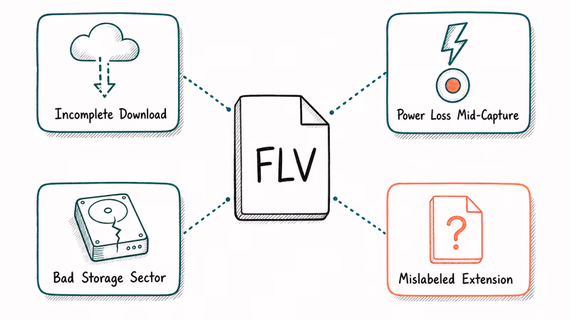 Hand-drawn diagram of four FLV file corruption causes around a central FLV file icon
