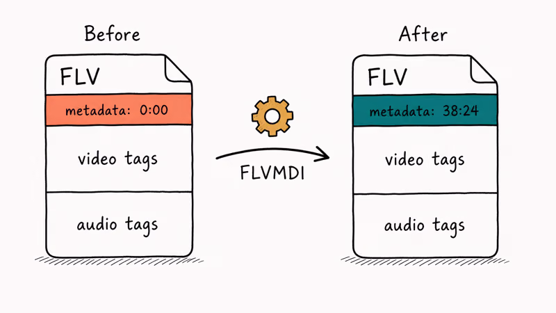 Before and after comparison showing FLVMDI rebuilding missing metadata header inside an FLV file