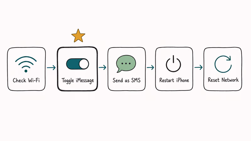 Horizontal flowchart of five iMessage troubleshooting steps from Wi-Fi check to network reset