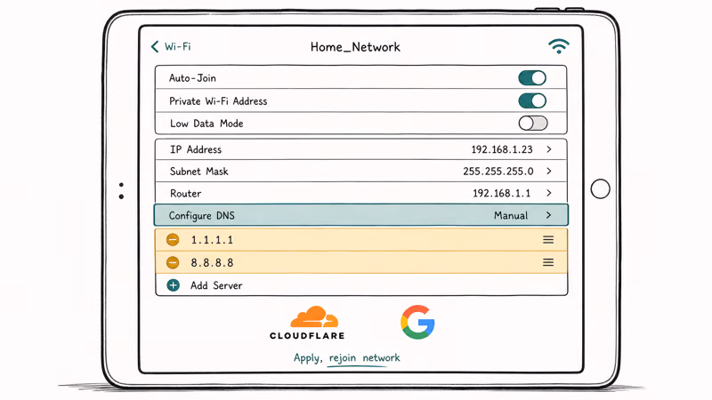 Hand-drawn iPad Wi-Fi detail page with Configure DNS set to Manual and Cloudflare and Google DNS servers added.