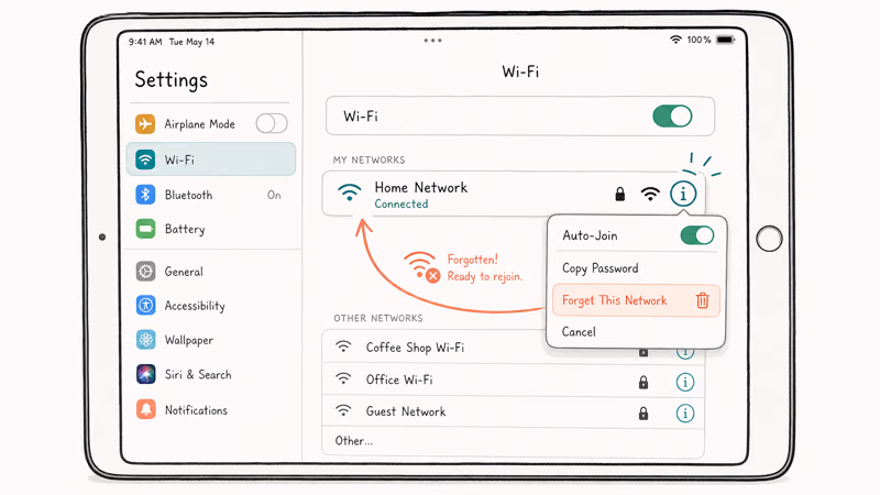 Hand-drawn iPad Wi-Fi Settings screen showing the info icon and Forget This Network option highlighted.