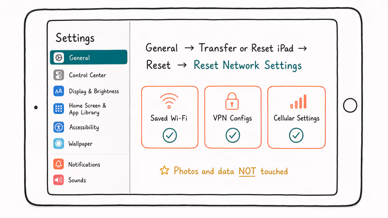Hand-drawn iPad Settings showing Reset Network Settings path with three wiped items and data preservation note.