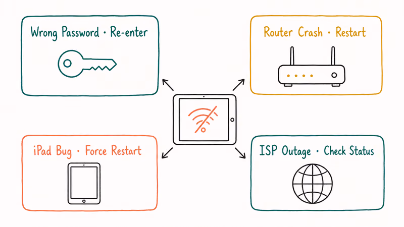 Hand-drawn 2x2 grid mapping iPad Wi-Fi failure causes wrong password, router crash, iPad bug, and ISP outage.