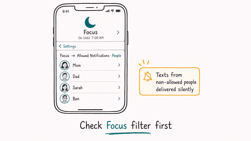 Hand-drawn iPhone Focus active screen showing allowed people list and silent-delivery popup for non-allowed contacts.