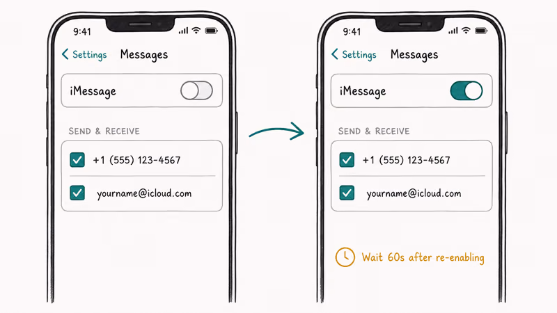 Hand-drawn iPhone Settings Messages screen showing iMessage toggle off-then-on cycle and Send Receive options checked.