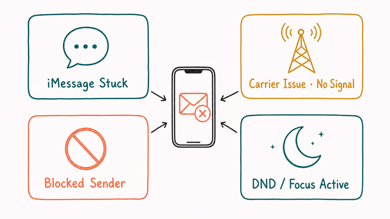 Hand-drawn 2x2 grid of iPhone text issues iMessage stuck, carrier signal, blocked sender, DND Focus with central iPhone