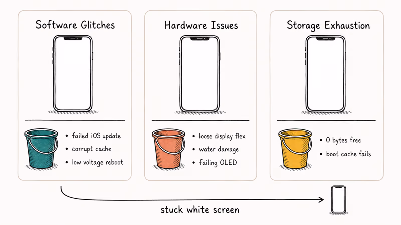 Three cards label software hardware and storage causes for iPhone white screen