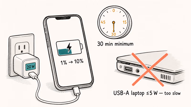 iPhone charging on wall adapter with timer and laptop port crossed out