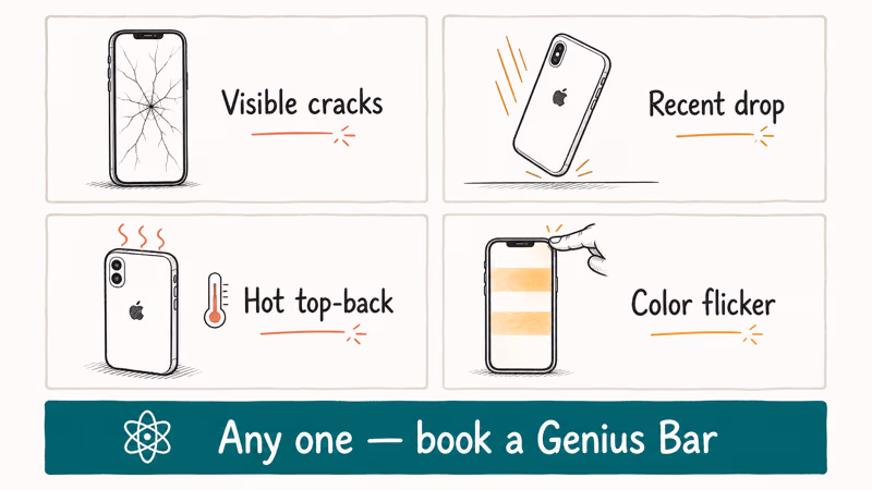 Grid listing iPhone hardware fault signs including cracks heat and flicker