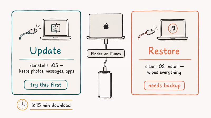 Recovery mode cards compare Update keeping data and Restore wiping iPhone