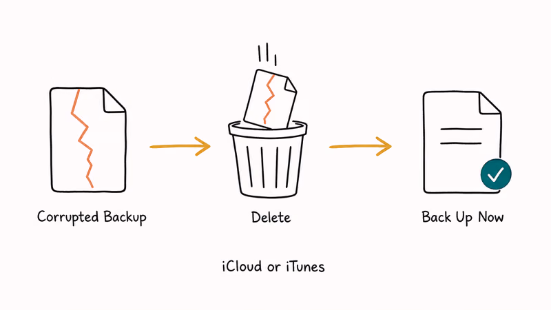 Flow showing delete corrupted iPhone backup then create fresh replacement.