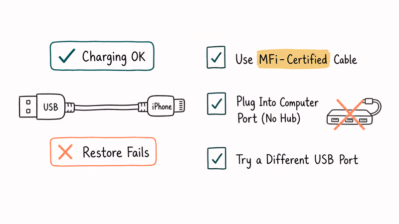 Checklist showing certified cable direct port and alternate port restore tests.